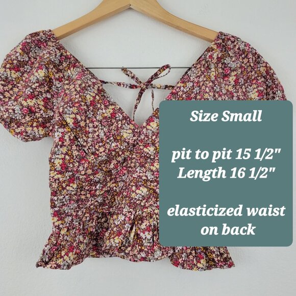 Sim & Sam Sz S Floral Daisy Short Puff Sleeve Crop Top Cotton Boho Cottagecore - Picture 4 of 10
